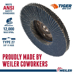 Weiler 50808 Big Cat High Density Type 27 Flat Flap Disc Zirconia Alumina 4-1/2 40 Grit 5/8-11 UNC 12000 RPM