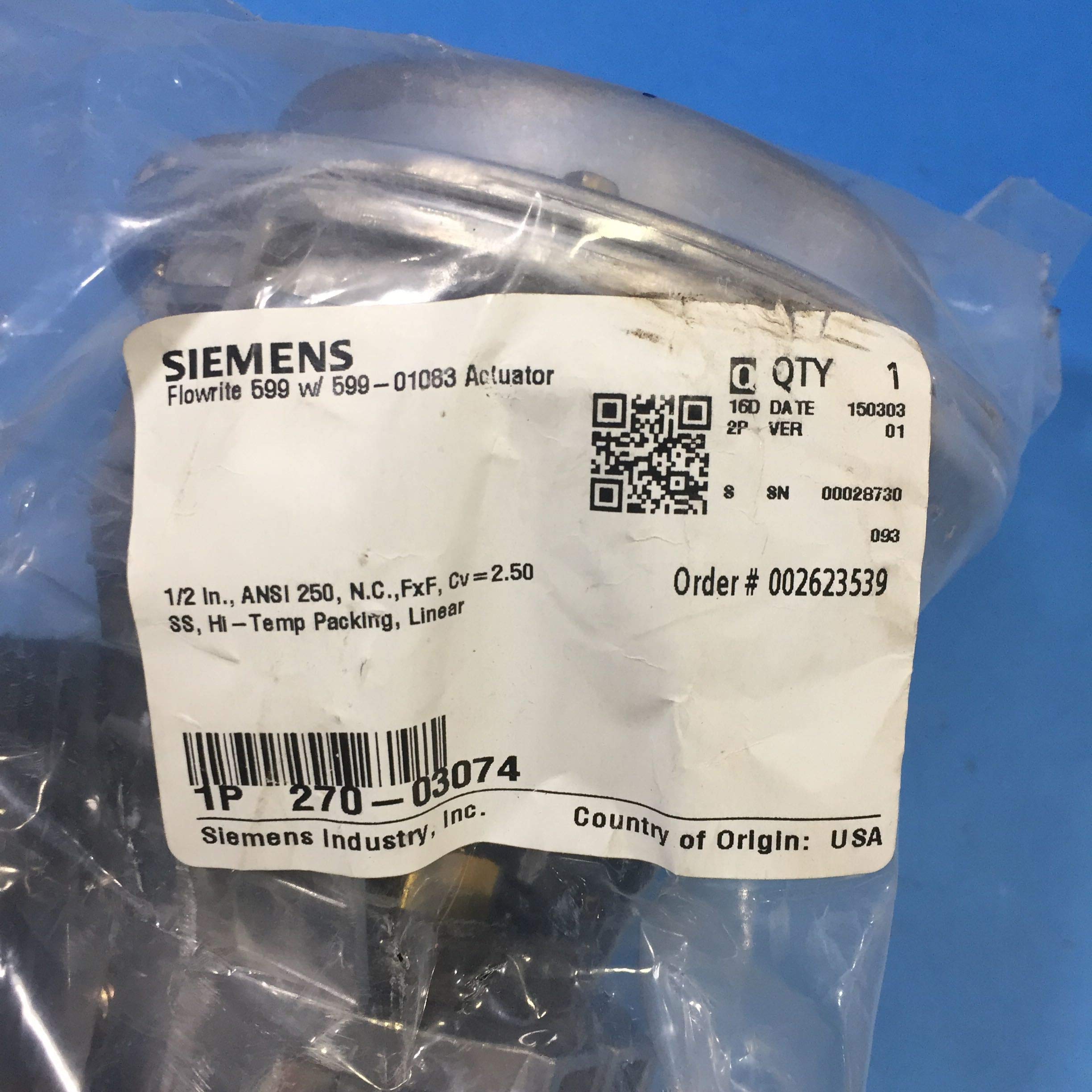 Siemens 270-03074 2-Way NC Stainless Steel Valve Assembly with Pneumatic Actuator 0.5 Inch