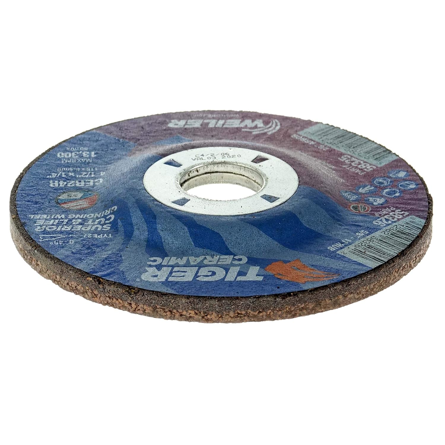 Weiler 58325 Tiger Ceramic Type 27 Grinding Wheel 4-1/2 x 1/4 CER24R 7/8 A.H Pack of 10