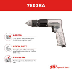 Ingersoll Rand 7803RA 1/2 inch Reversible Pneumatic Air Drill, Heavy Duty, 400 RPM, Variable Speed Throttle, 0.5 HP Motor, Quick Reverse Lever