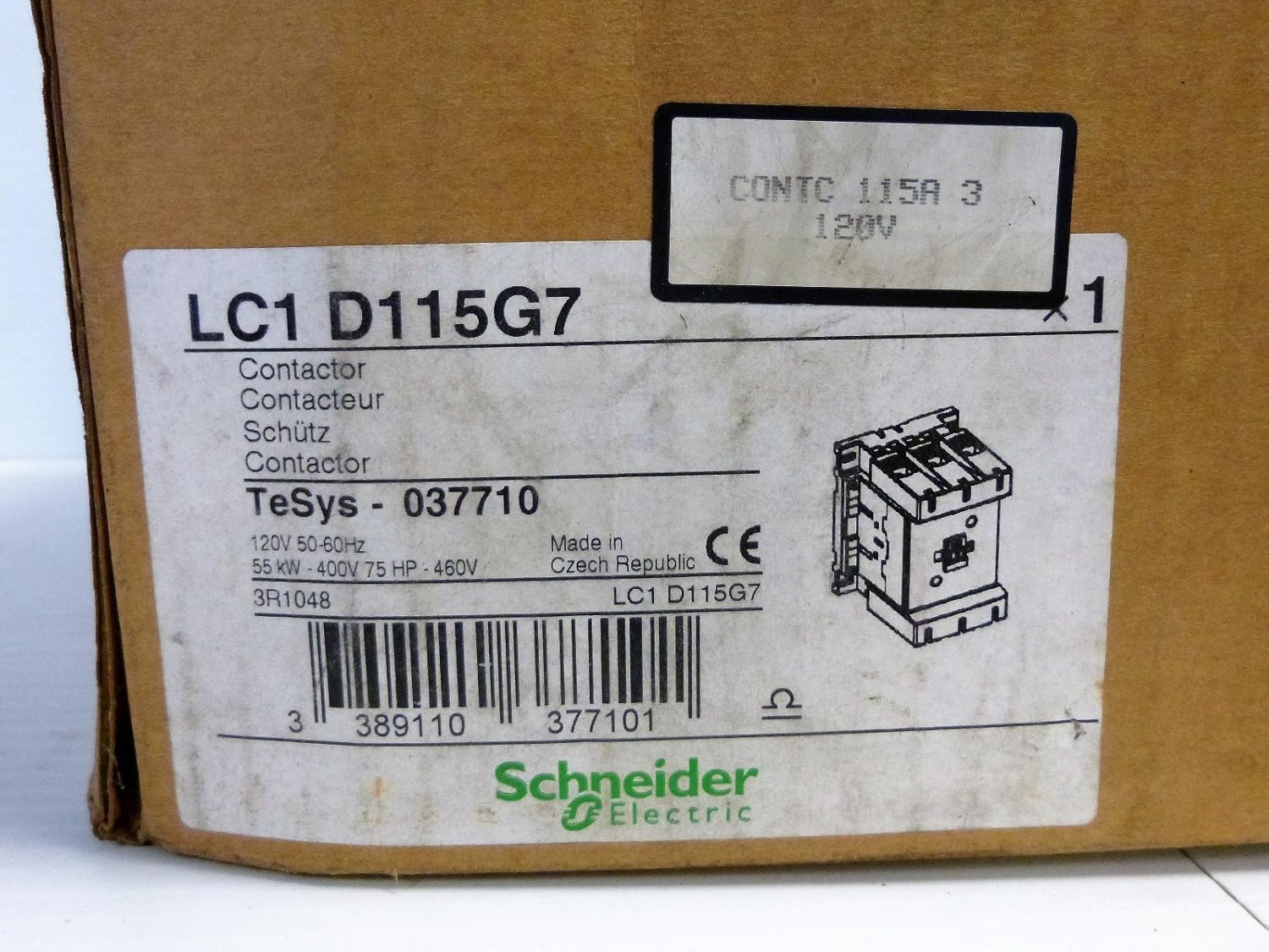 Schneider Electric LC1D115G7 IEC Contactor 115A 75HP at 480VAC 3 Phase