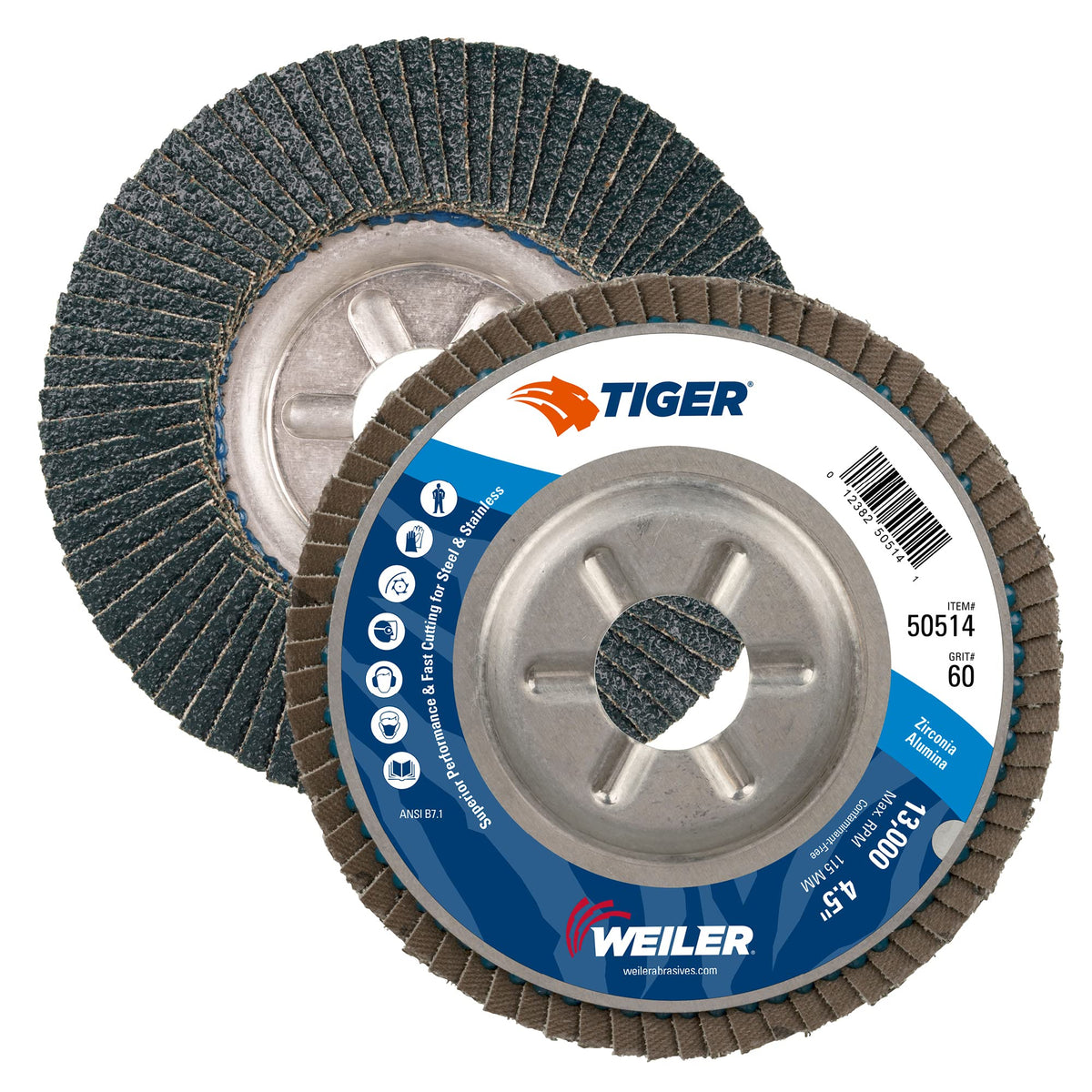 Weiler 50514 Tiger Abrasive Flap Disc Type 29 Angled Style 60 Grit 7/8 Arbor Round Hole