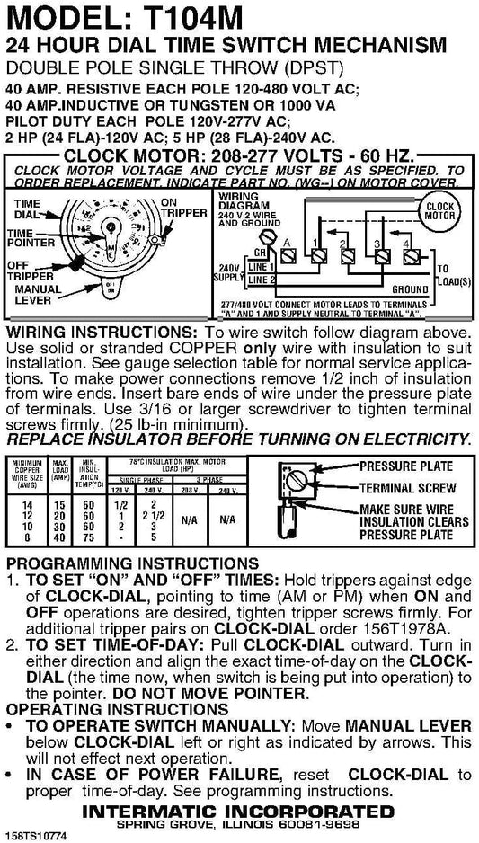 Intermatic T104M Mechanical Time Switch Mechanism 208-277 VAC DPST