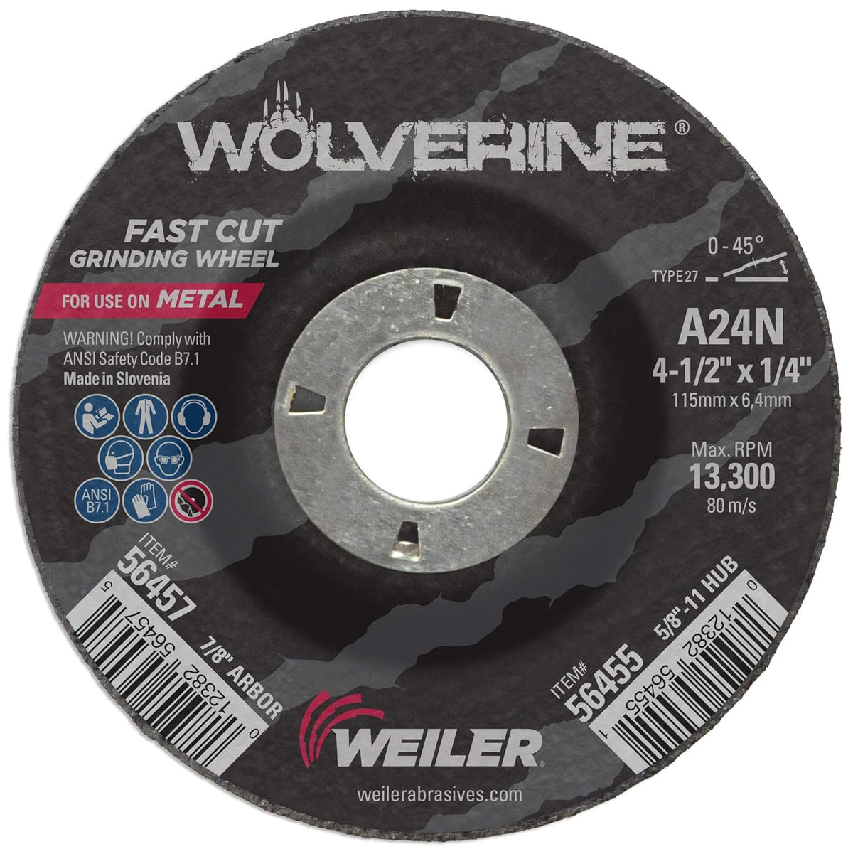 Weiler 56457 4-1/2 X 1/4 Wolverine Type 27 Grinding Wheel A24N 7/8 A.H.