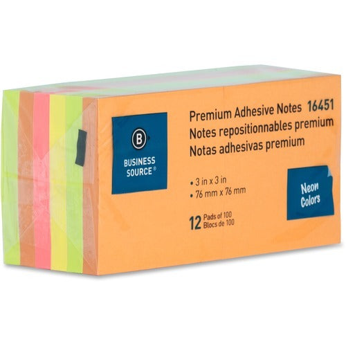 BUSINESS SOURCE Business Source BSN16451 Adhesive Notes Neon 3x3 in 12 Pack