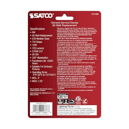 SATCO Satco S21866 T10 Led Medium Base 8W 2 Pack