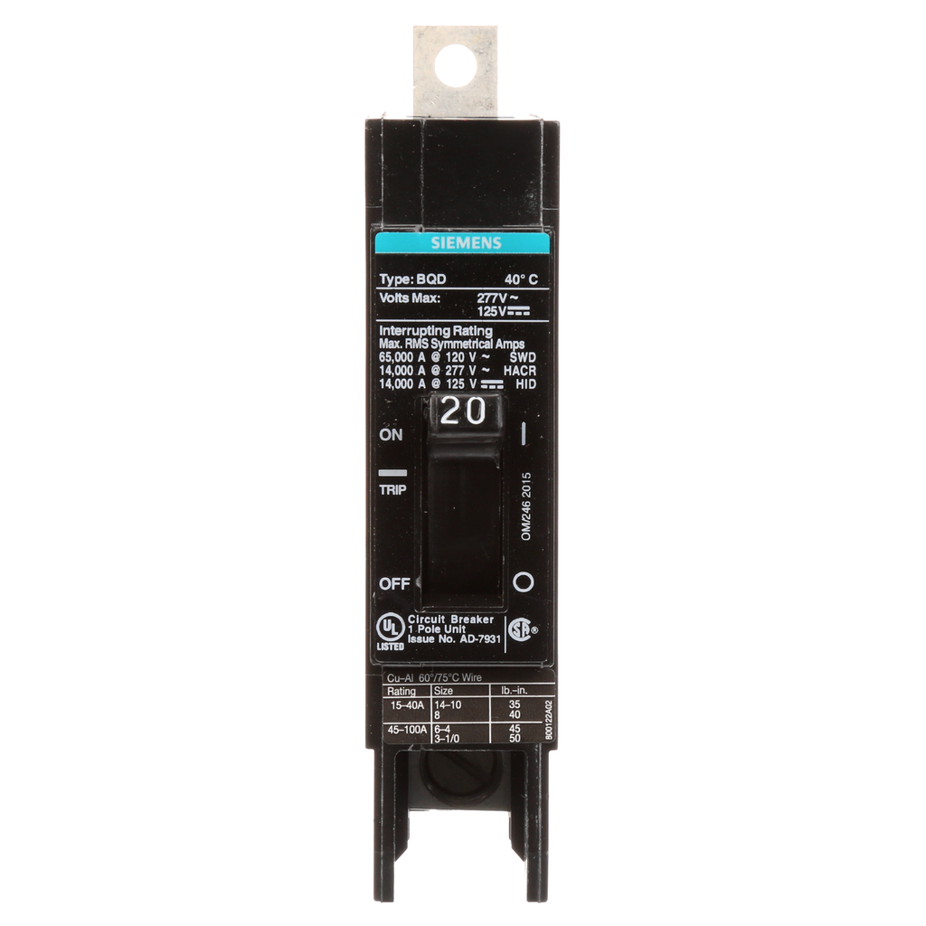 Siemens BQD120 Molded Case Circuit Breaker, 277 VAC, 20 A, 14 kA Interrupt, 1 Pole