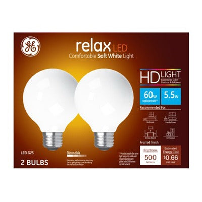 GE G E Lighting 31696 Led G25 Globe Bulb 5.5W 2700K 2 Pack