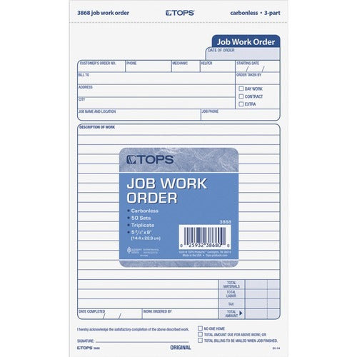 TOPS Tops TOP3868 Carbonless 3-part Work Order Form 50-pack