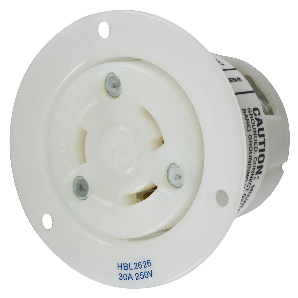 Hubbell HBL2626 30 Amp 250 Volt 2-Pole 3-Wire NEMA L6-30R White Locking Flanged Receptacle