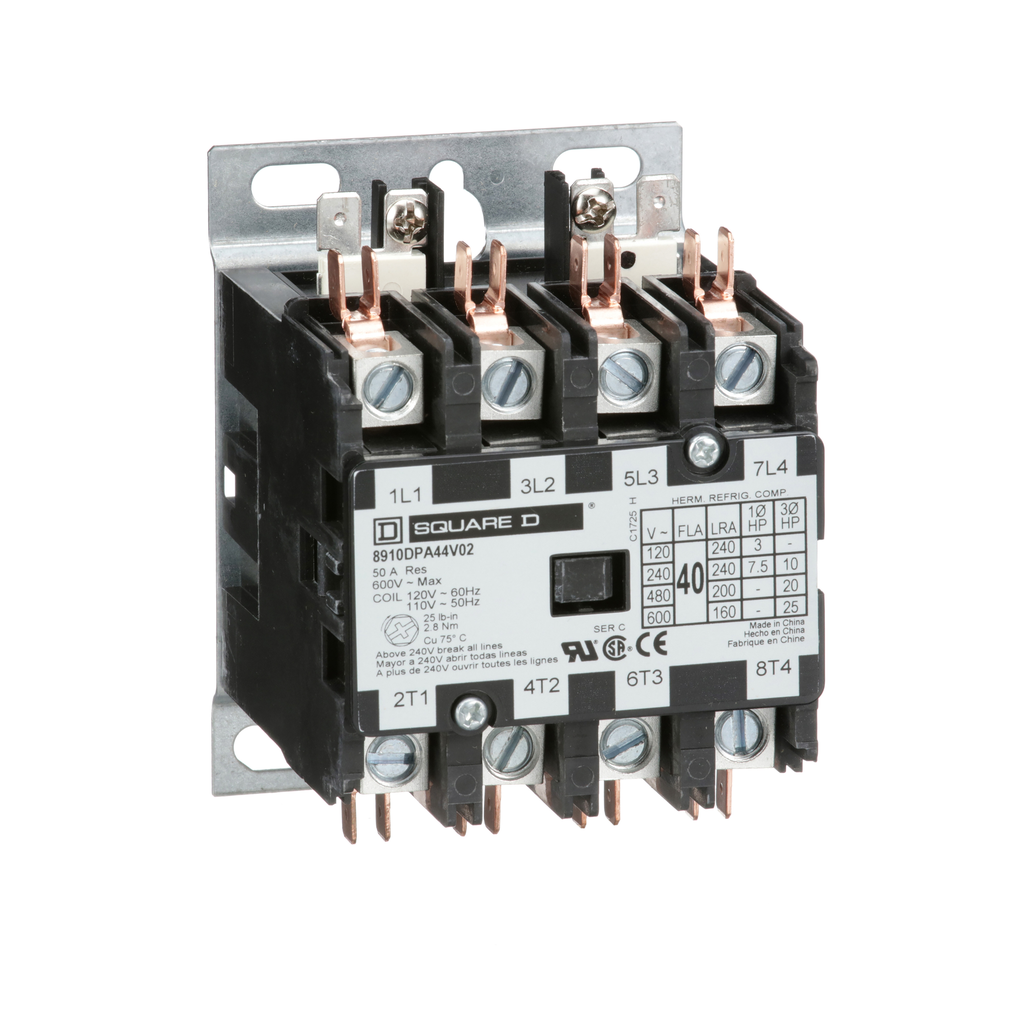 Square D 8910DPA44V02 110/120 VAC 40 Amp 4-Pole 4NO NEMA 1 Non-Reversing Definite Purpose Contactor