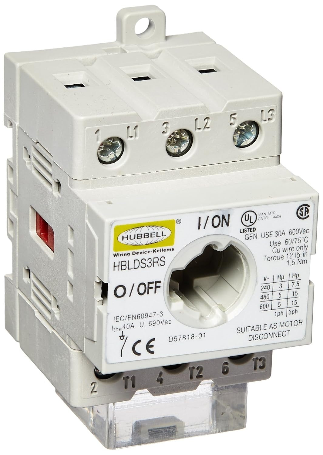 HUBBELL WIRING DEVICE-KELLEMS Hubbell Wiring Device-Kellems HBLDS3RS Replacement disconnect switch 30A (2 x 2 x 3 in) HBLDS3RS