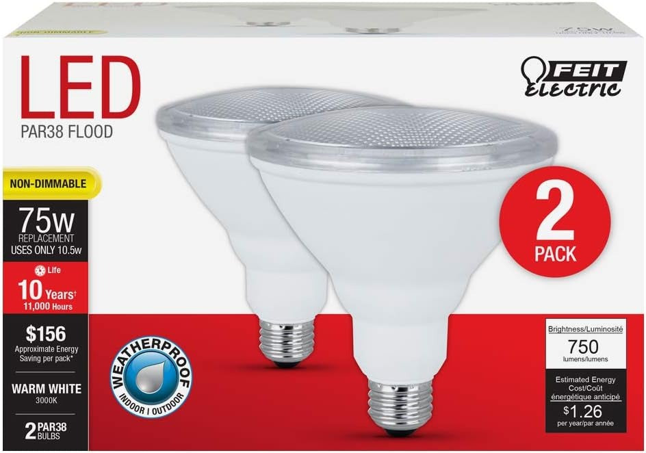 FEIT ELECTRIC Feit Electric PAR3875/10KLED/2 PAR38 LED Bulb 75W Equivalent (10.5W) 2 Pack PAR3875/10KLED/2