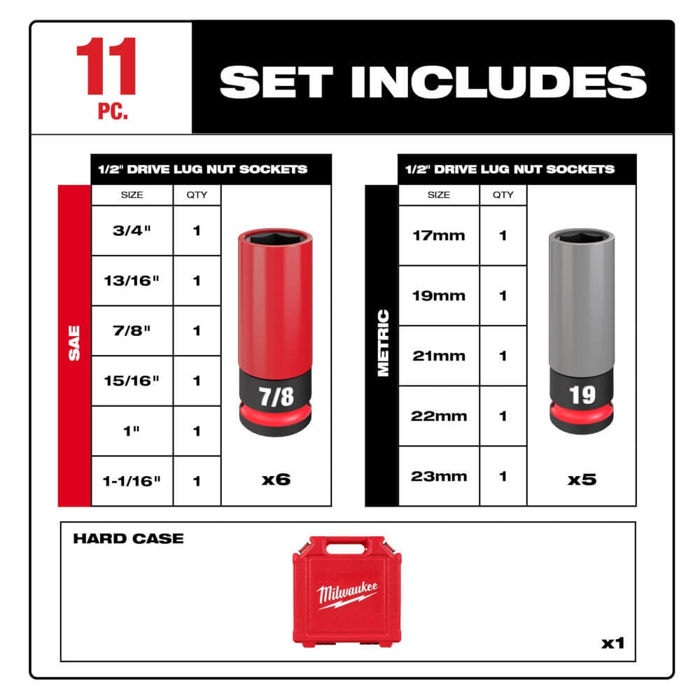 MILWAUKEE Milwaukee 49-66-7833 Shockwave Impact Duty 1/2 Drive SAE and Metric 11-Piece Lug Nut Wheel Socket Set