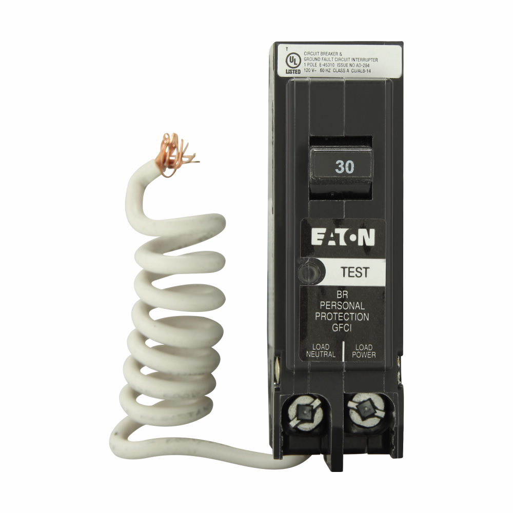 Eaton BRN130GF ETN BR GFCI Circuit Breaker, 30 A, 1 Pole, 10 kAIC, Pigtail Neutral