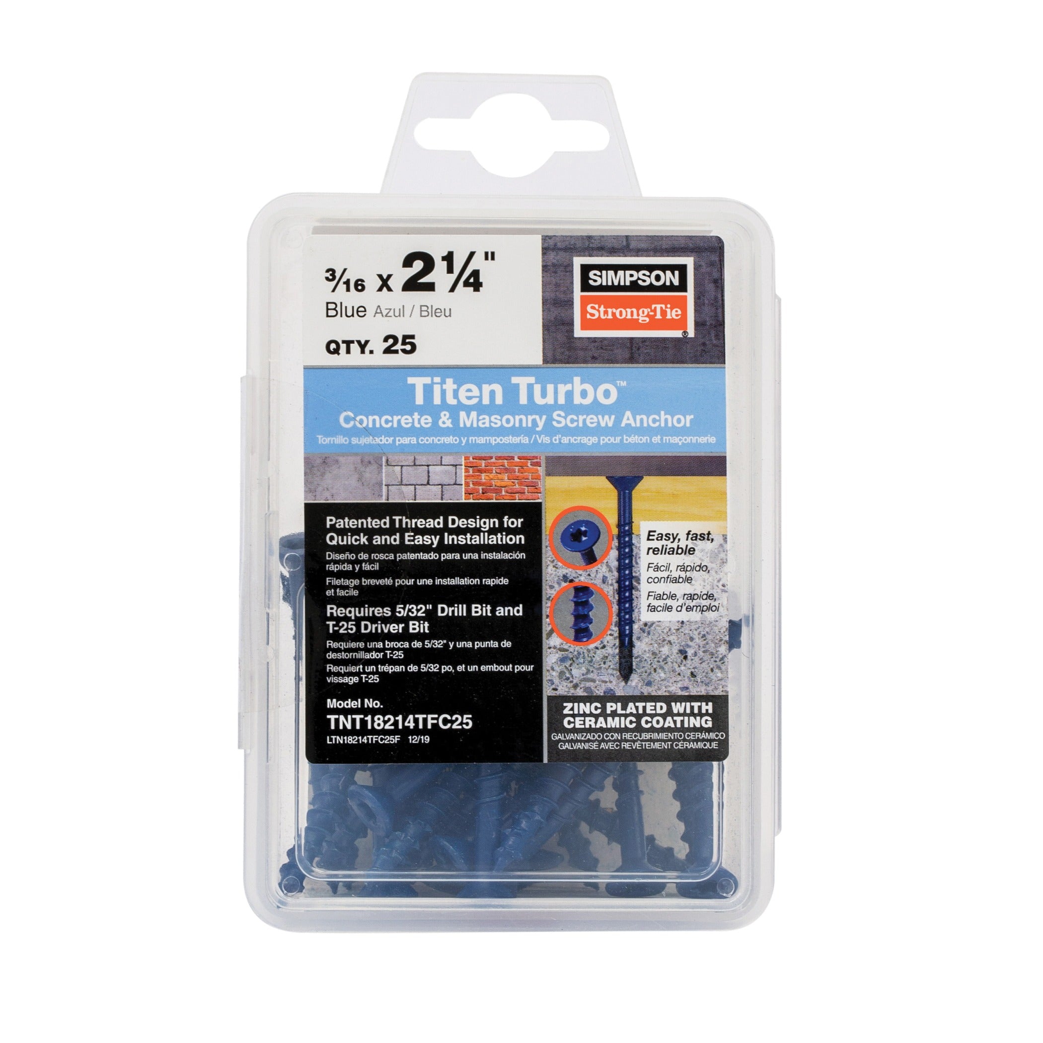 SIMPSON STRONG-TIE Simpson Strong-Tie TNT18214TFC25 Titen Turbo T25 flat head 3/16 in x 2-1/4 in 25-pack