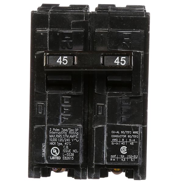 Siemens Q245 2-Pole 120/240 VAC 45 Amp 10 kA Plug-In Common Trip Circuit Breaker