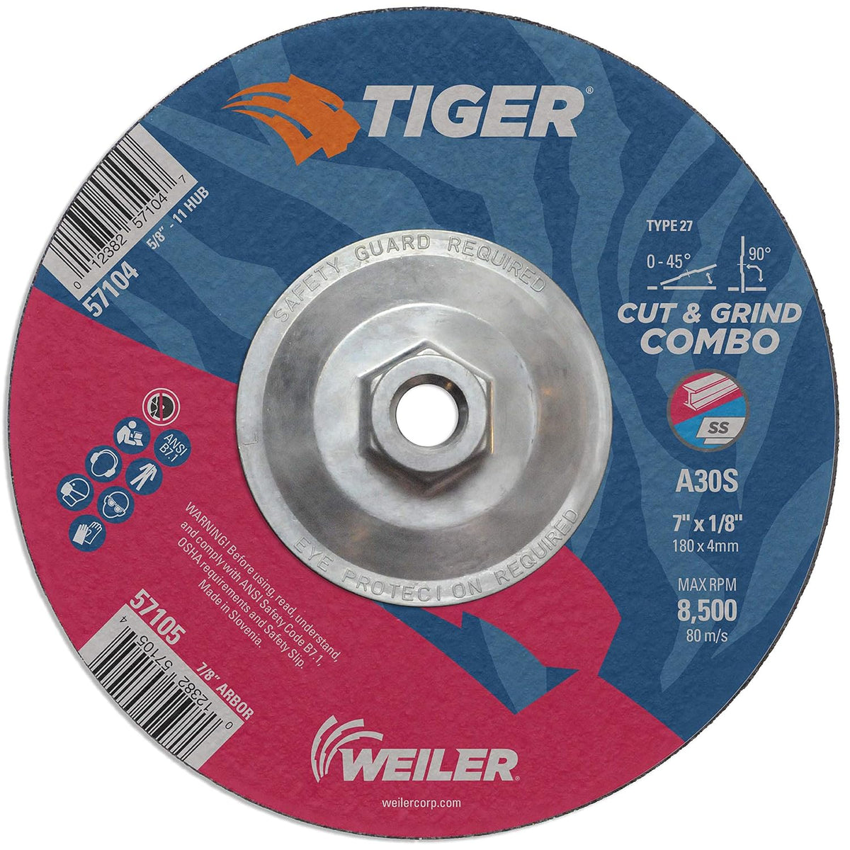 Weiler 57104 Tiger Type 27 Cut and Grind Combo Wheel 7 Inch A30S