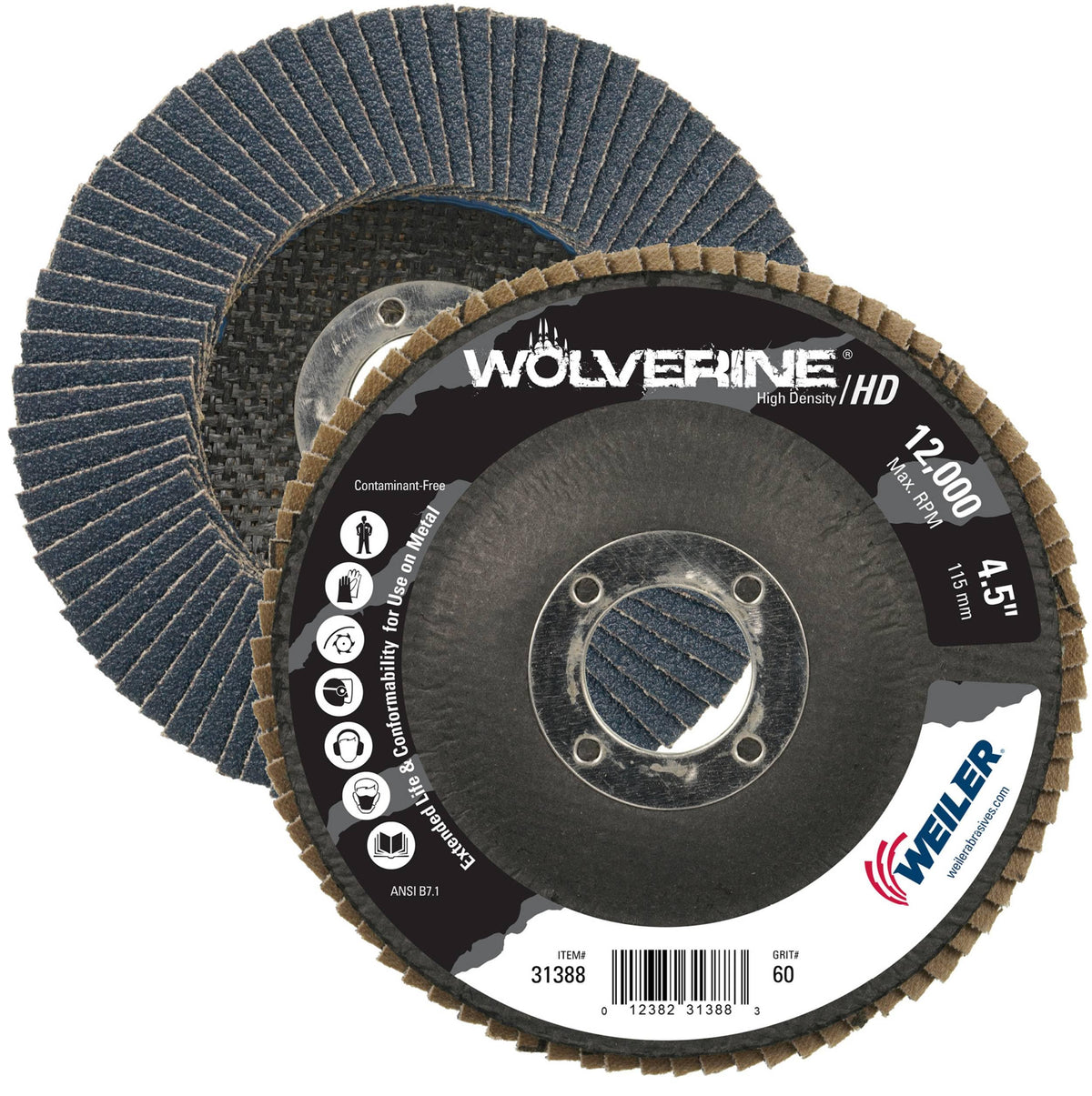 Weiler 31388 Wolverine Abrasive Flap Disc 60 Grit Zirconia Alumina Flat Type 27 Phenolic Backing High Density Pack of 10