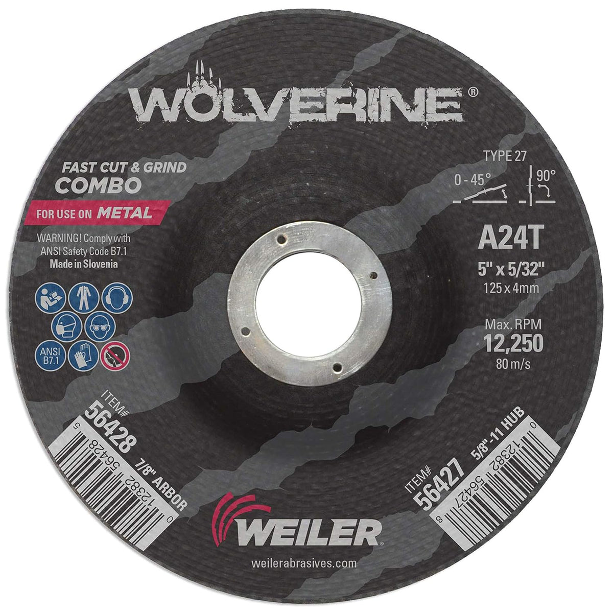 Weiler 56428 Wolverine 7/8 Arbor 1/8 Thickness 5 Diameter A24T Grit Type 27 Cutting And Light Grinding Wheel