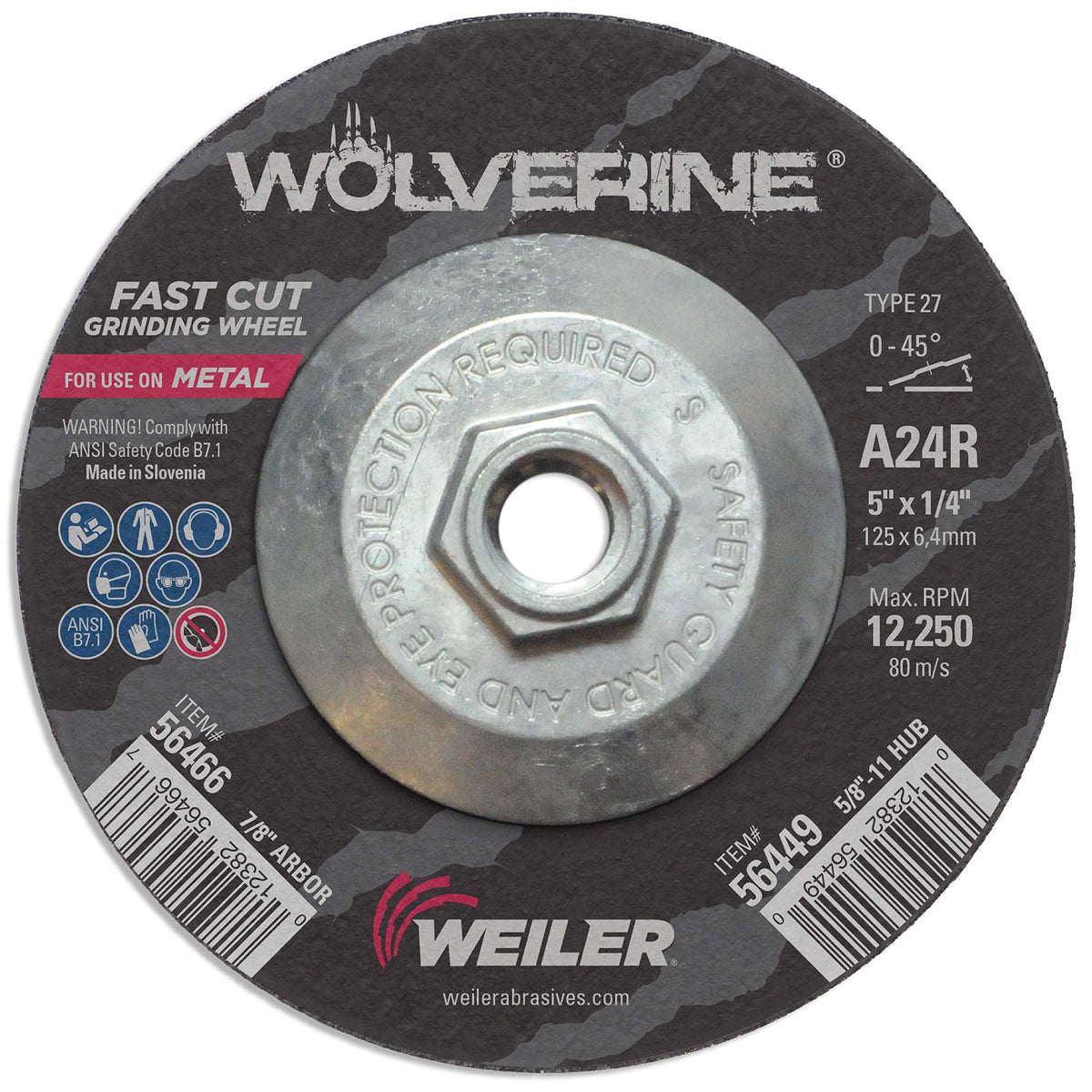 Weiler 56449 Wolverine Type 27 Grinding Wheel 5/8-11 Nut