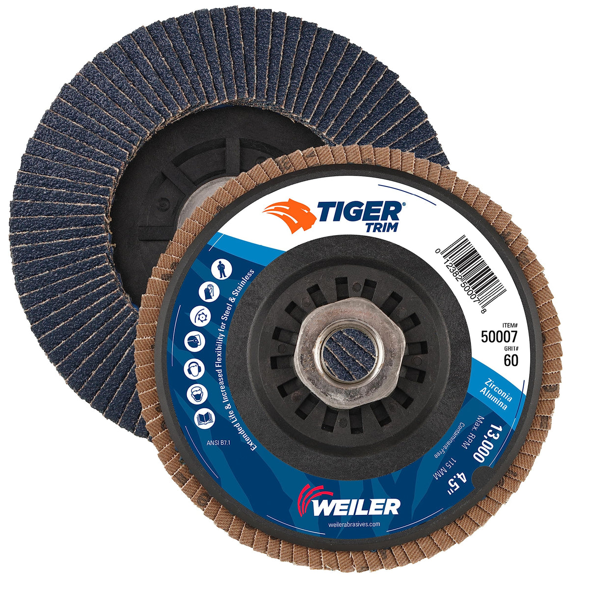 Weiler 50007 Tiger 5/8-11 Arbor, 4-1/2 Diameter, 60 Grit, Zirconium, Trimmable Composite Backing, Angled Abrasive Flap Disc