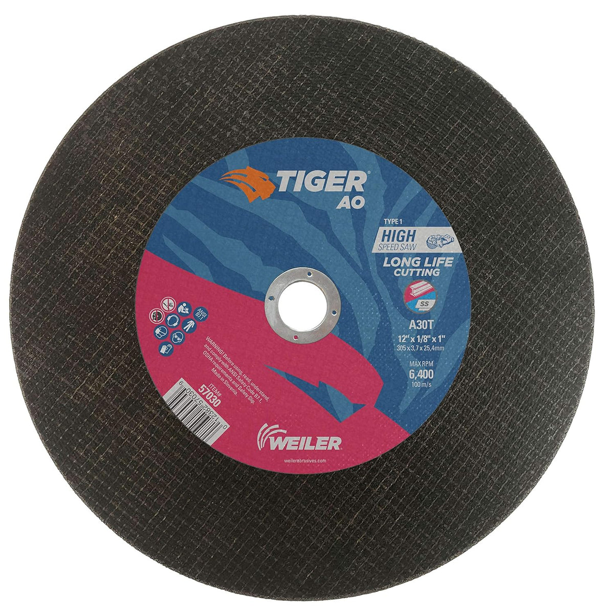 Weiler 57030 12 X 1/8 Tiger Ao Type 1 Large Cutting Wheel, A30S, 1 A.H, High Speed Saw (Pack of 25)