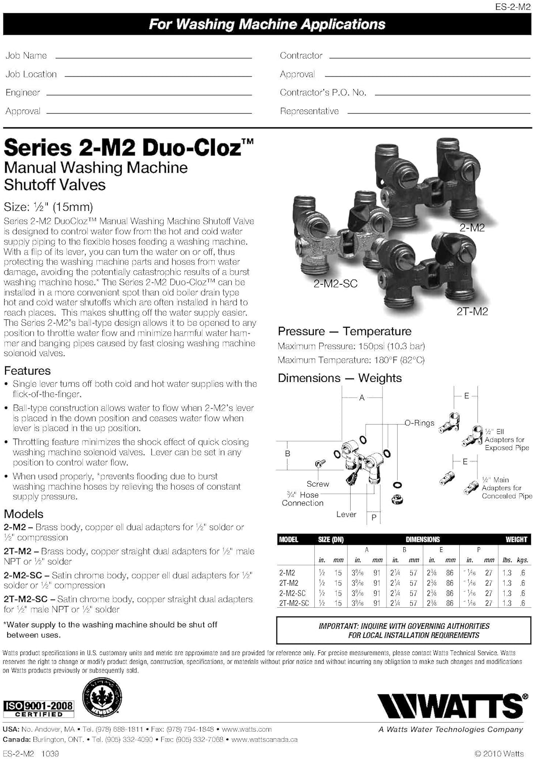 Watts 2-M2 Duo-Cloz Manual Washing Machine Shutoff Valve with Brass Body