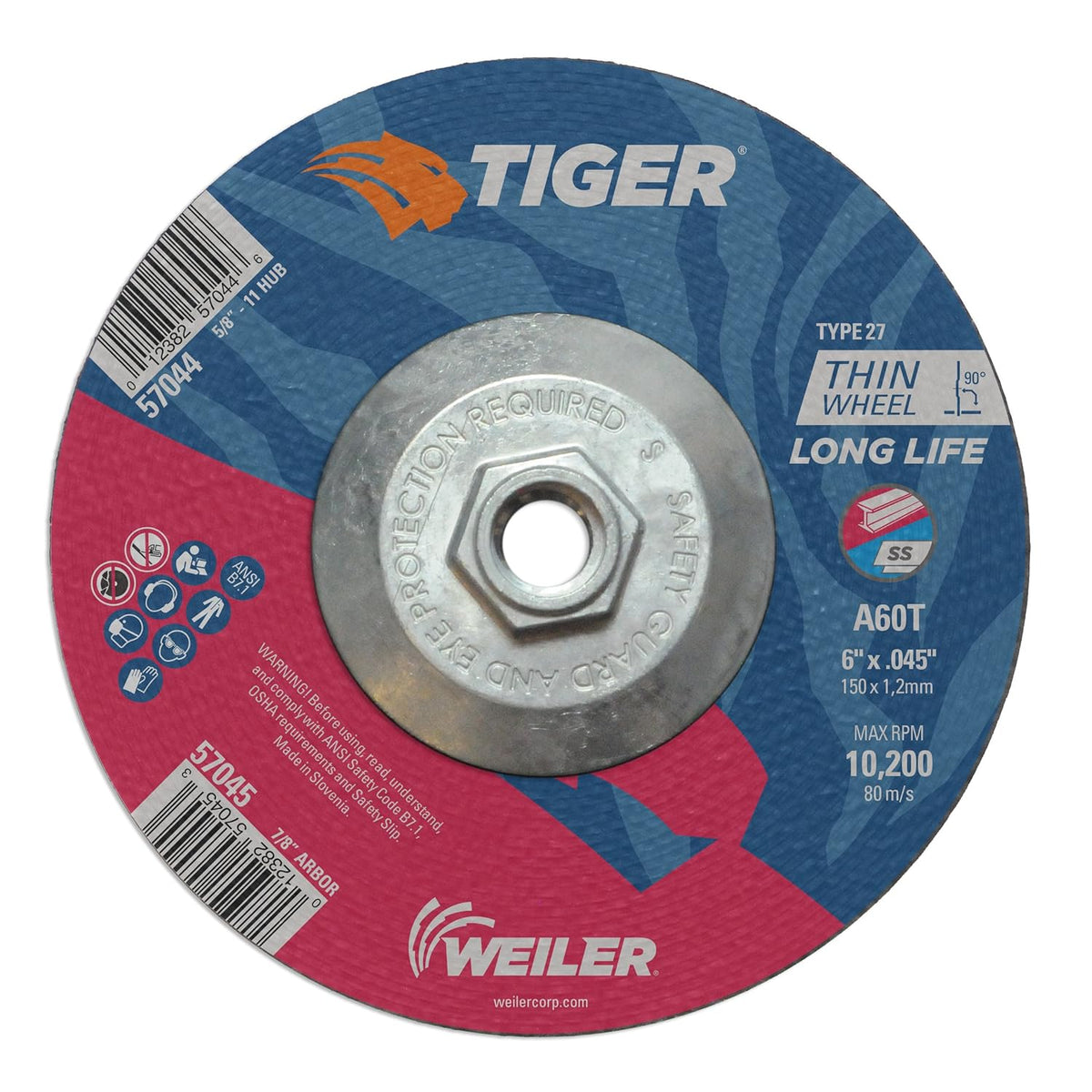 Weiler 57044 Tiger Cutting Wheel 6 Inch 0.045 Thick Type 27 A60T 5/8-11 Hub Pack of 10