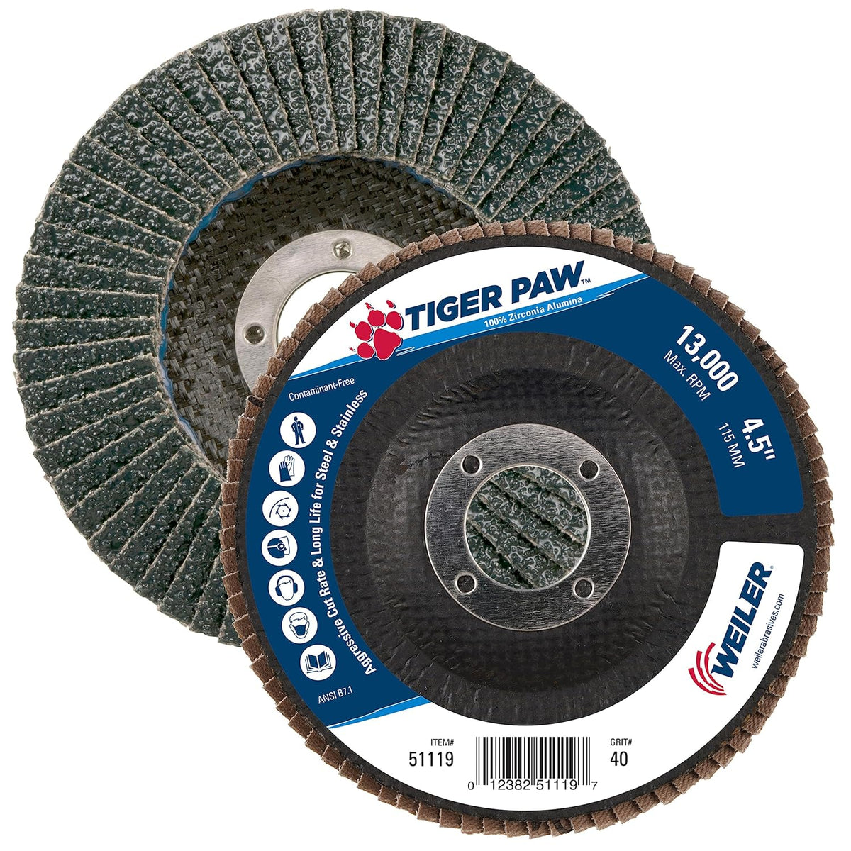 Weiler 51119 Tiger Paw Abrasive Flap Disc 40Z 4-1/2 Inches 7/8 Arbor Hole (Pack of 10)