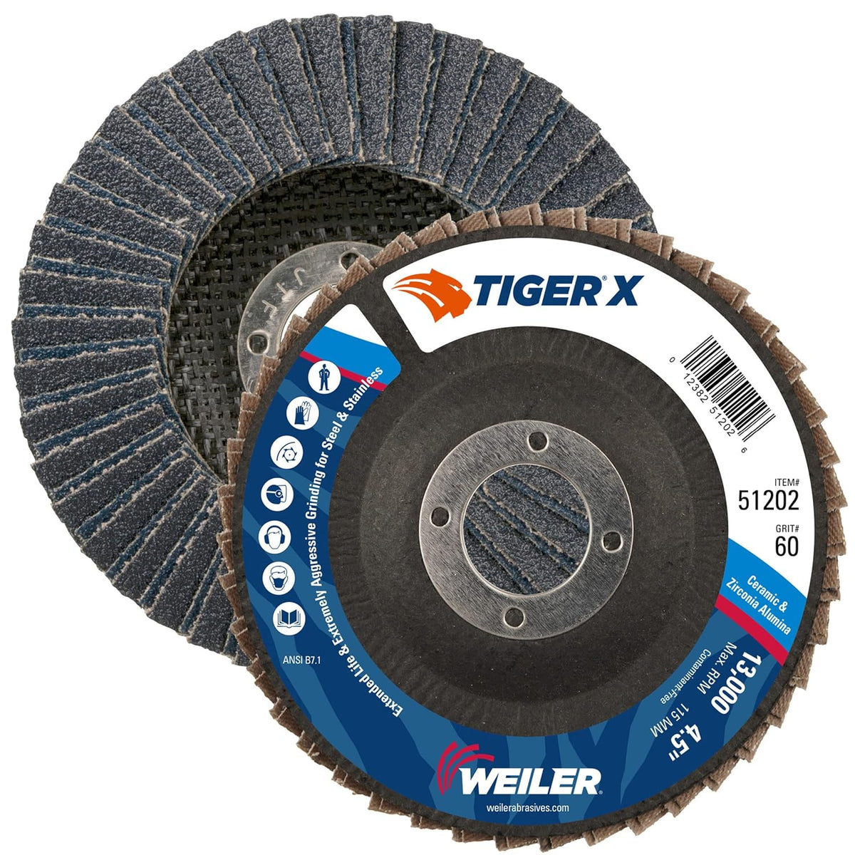 Weiler 51202 Tiger X Flap Disc 60 Grit 4-1/2 7/8 Arbor Hole Pack of 10