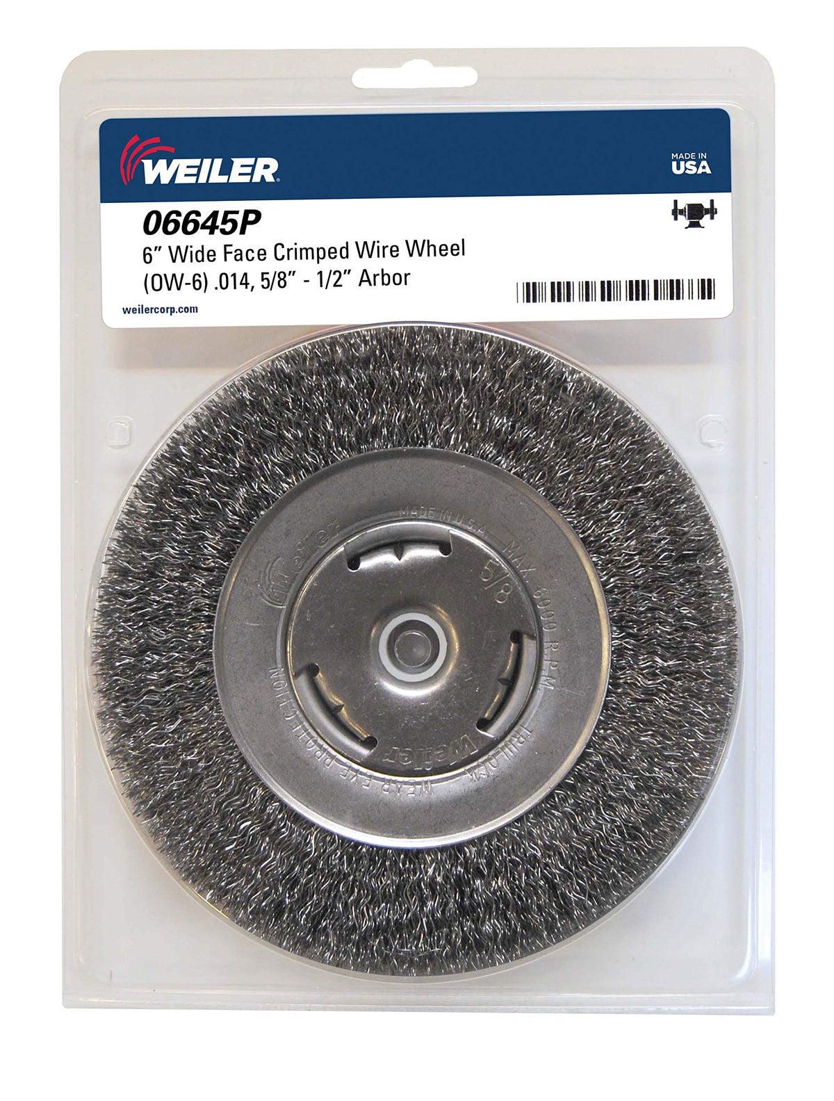 Weiler 06645P Wheel Brush Wide Face 6 Diameter x 7/8 Face Width 1/2 to 5/8 Arbor Hole