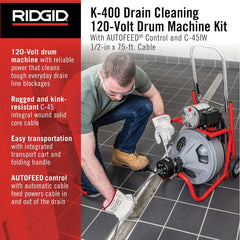 Ridgid 27013 K-400AF Drum Machine 115Volt 75 Feet Autofeed C45IW Cable