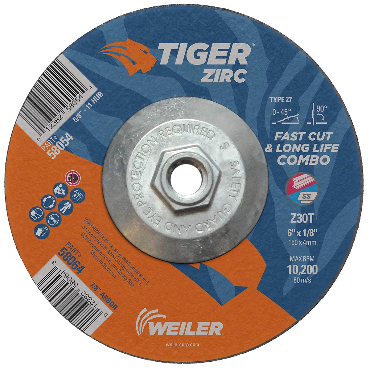 Weiler 58054 Tiger Zirc Type 27 Cut and Grind Combo Wheel 6 Inches x 1/8 Inches Z30T 5/8-11 UNC Nut Pack of 10