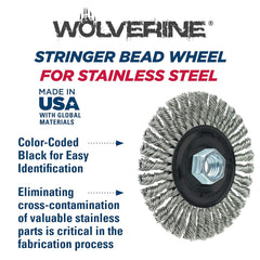 Weiler 36219 Wolverine Stringer Bead Brush 4 Inch Diameter 0.020 Wire Stainless Steel 5/8-11 AH