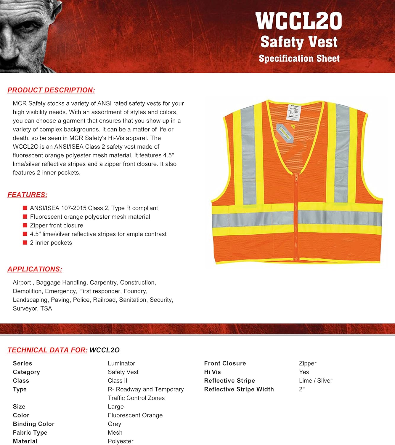 MCR Safety WCCL2OX3 Class 2 Polyester Mesh Safety Vest with 3M Scotchlite Reflective Stripe Fluorescent Orange 3X-Large