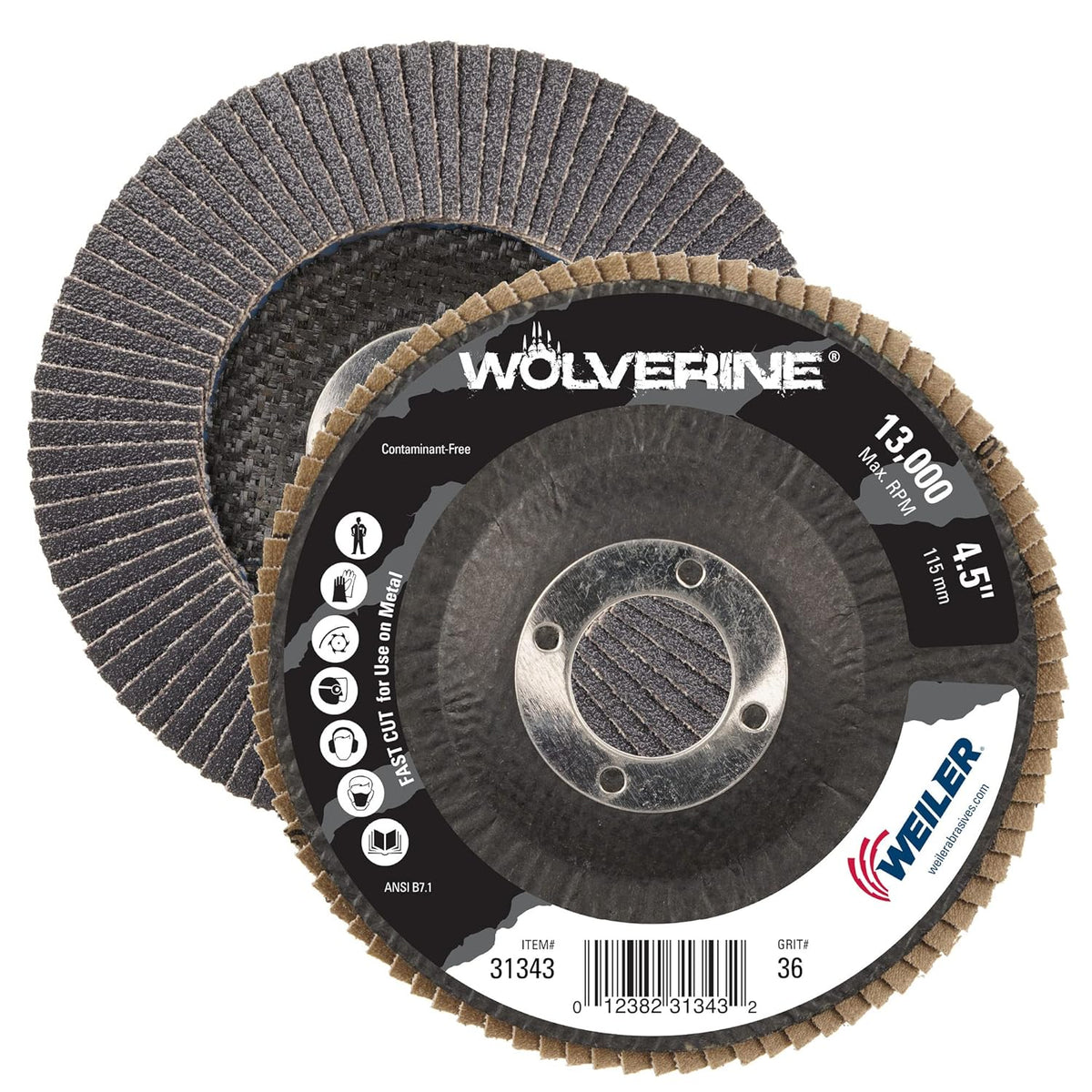 Weiler 31343 Wolverine 4-1/2 Inch x 7/8 Arbor Hole Abrasive Flap Disc 40 Grit Zirconia Alumina, Bevel Type 29 Phenolic Backing Standard Density