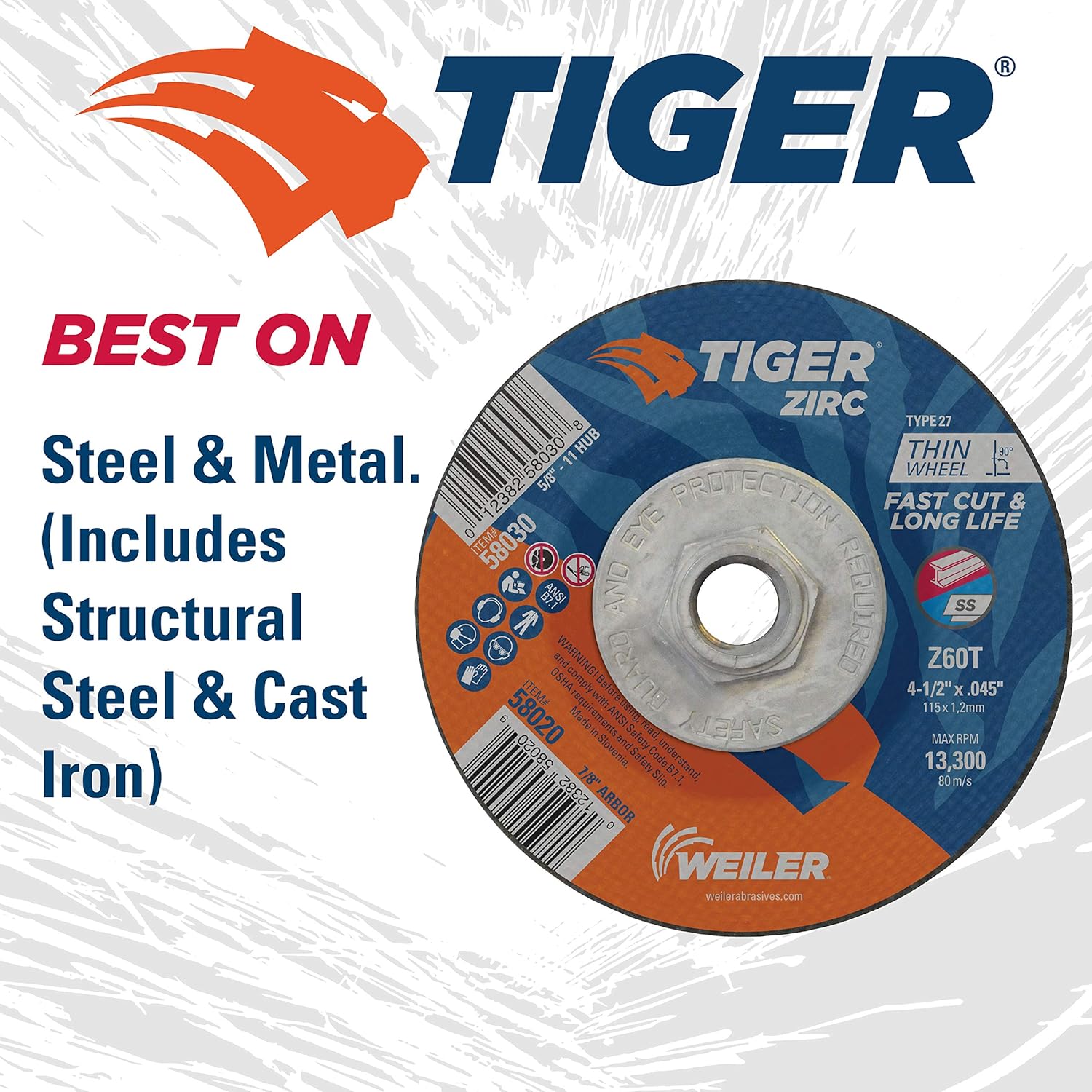 Weiler 58030 Tiger Zirc Cutting Wheel 4-1/2 Dia Pack of 10