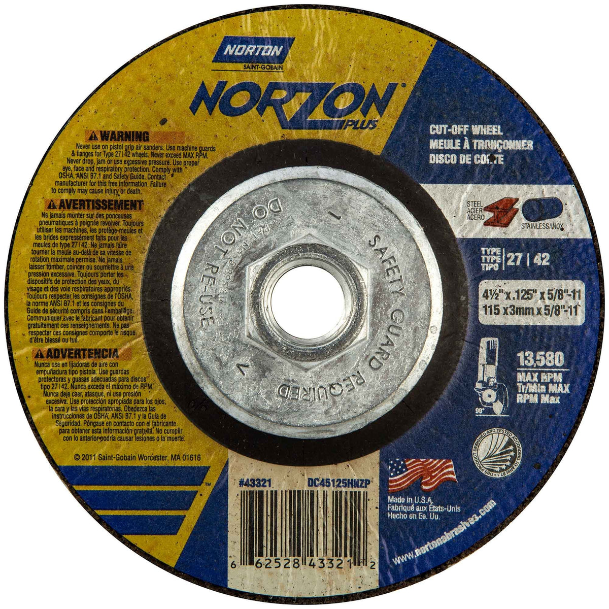 Norton 66252843321 4-1/2x.125x5/8-11 in. NorZon Plus SGZ CA Right Angle Cut-Off Wheels, Type 27/42, 24 Grit, 10 Pack