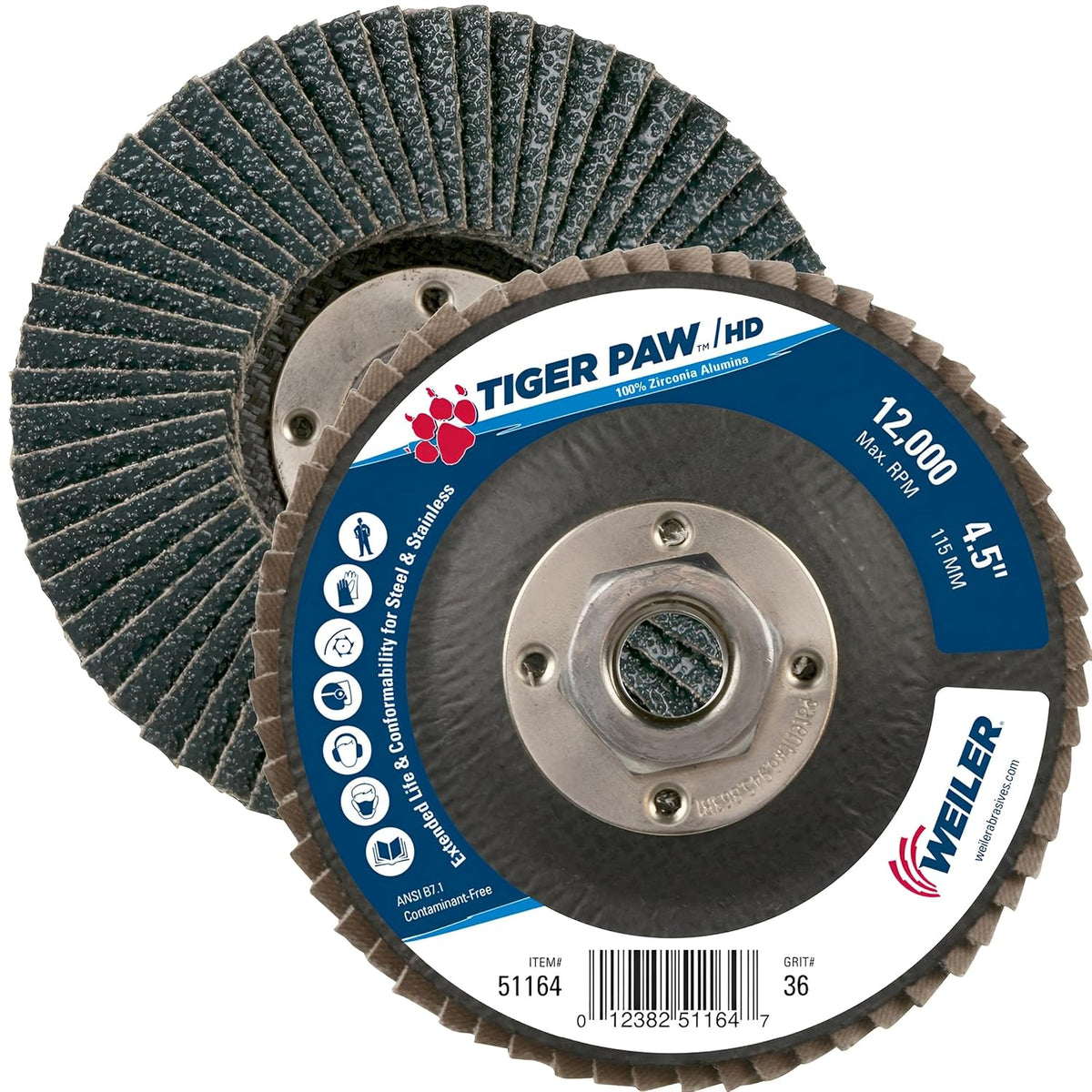 Weiler 51164 Tiger Paw XHD Super High Density Flap Disc 36 Grit 4-1/2 Inches