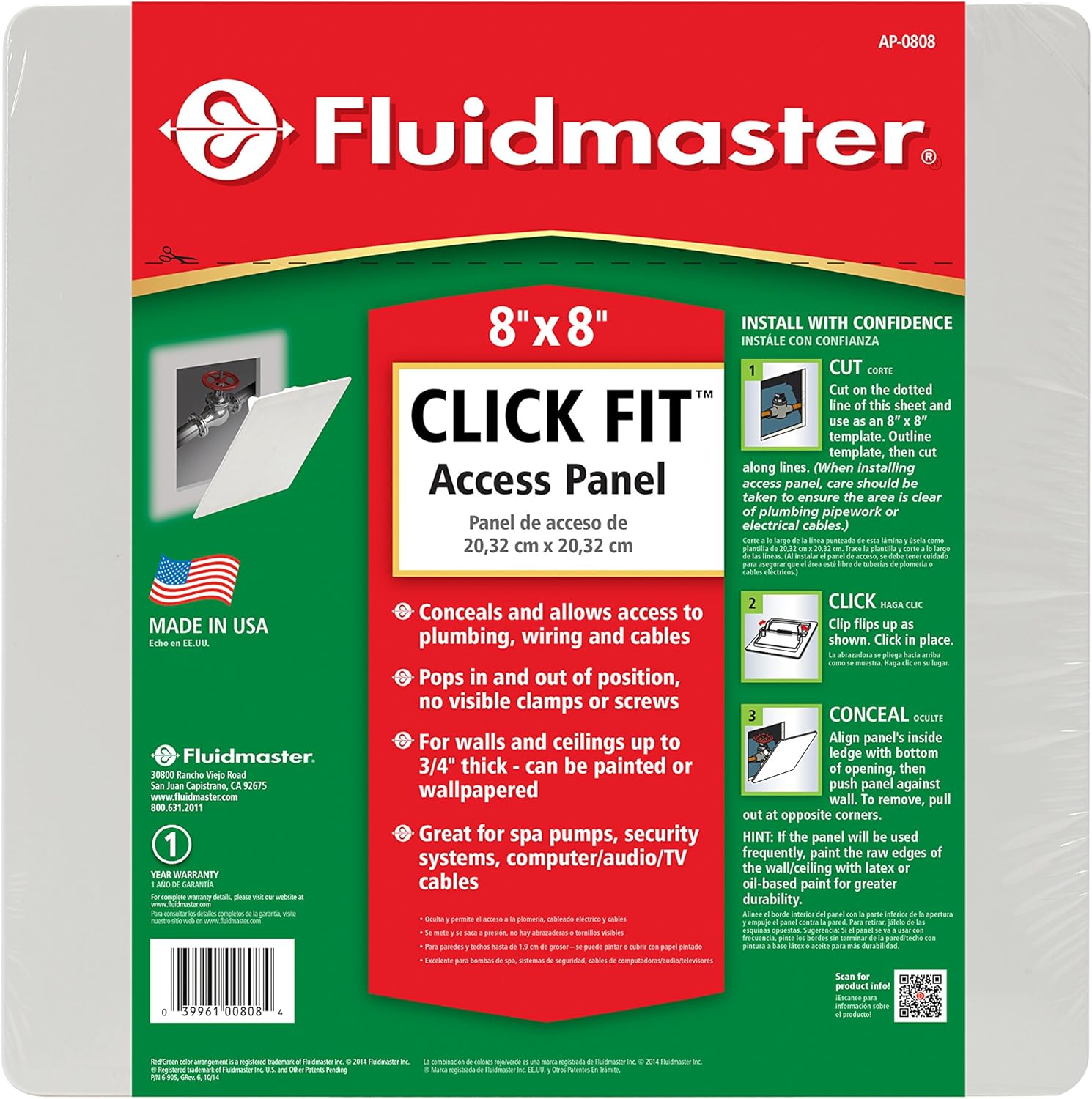 Fluidmaster AP-0808 Click Fit Access Panel for Plumbing, Wiring, and Cables, Size 8 in x 8 in