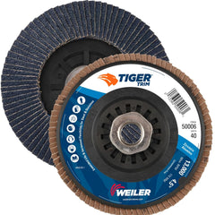 Weiler 50006 Tiger 5/8-11 Arbor 4-1/2 Inch Diameter 40 Grit Zirconium Trimmable Composite Backing Angled Abrasive Flap Disc