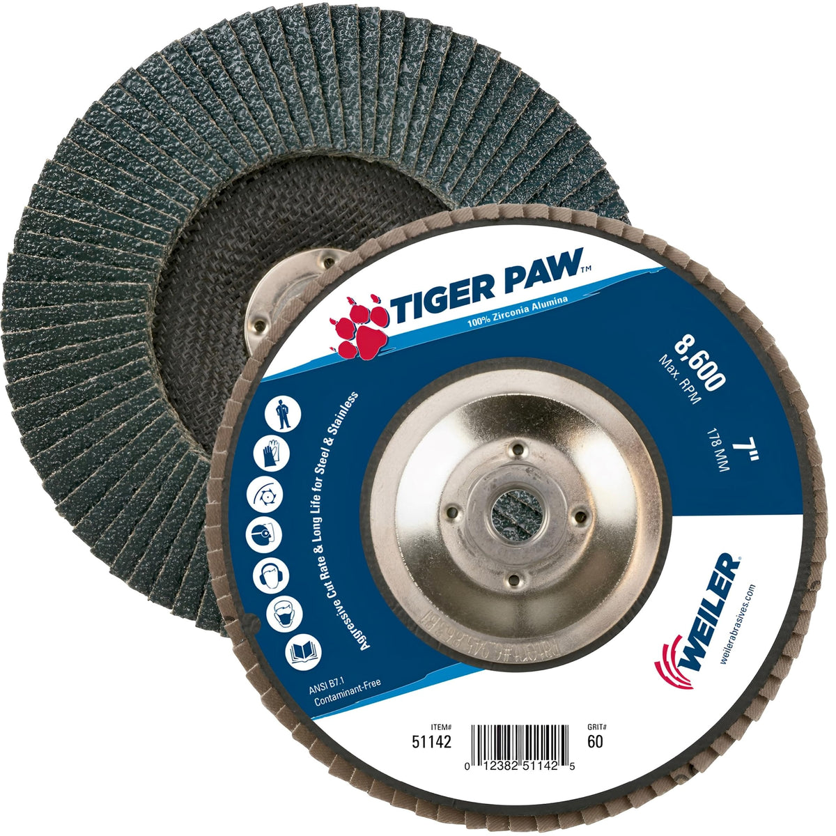 Weiler 51142 Tiger Paw Abrasive Flap Disc, Flat, 60 Grit, 7 inch