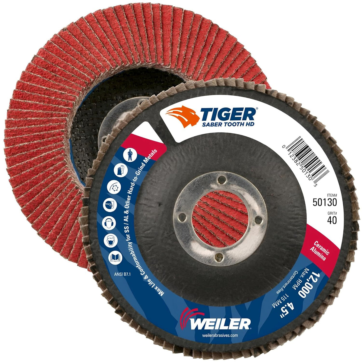 Weiler 50130 Saber Tooth 7/8 Arbor, 4-1/2 Diameter, 40 Grit, Ceramic, Phenolic Backing, Flat High Density Abrasive Flap Disc