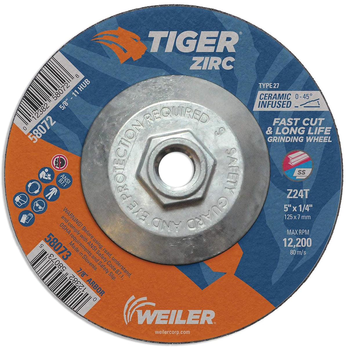 Weiler 58072 Tiger Zirc Grinding Wheel, 5 x 1/4 x 5/8-11 UNC, Pack of 10