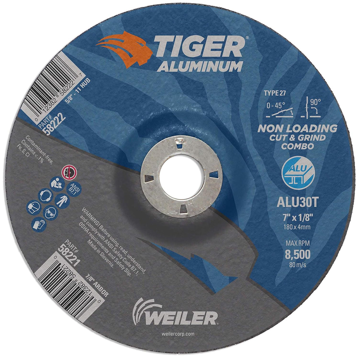 Weiler 58221 Tiger Aluminum Type 27 Cut Off/Grind Combo Wheel 7 inch ALU30T 7/8 A.H. Pack of 25