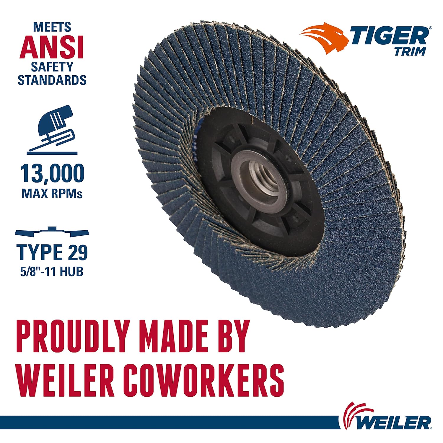 Weiler 50006 Tiger 5/8-11 Arbor 4-1/2 Inch Diameter 40 Grit Zirconium Trimmable Composite Backing Angled Abrasive Flap Disc