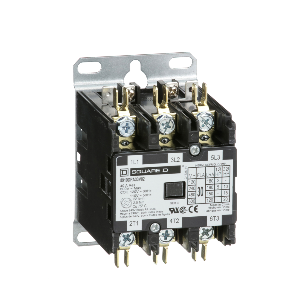 Square D 8910DPA33V02 110/120 VAC 30 Amp 3-Pole 3NO NEMA 1 Non-Reversing Definite Purpose Contactor