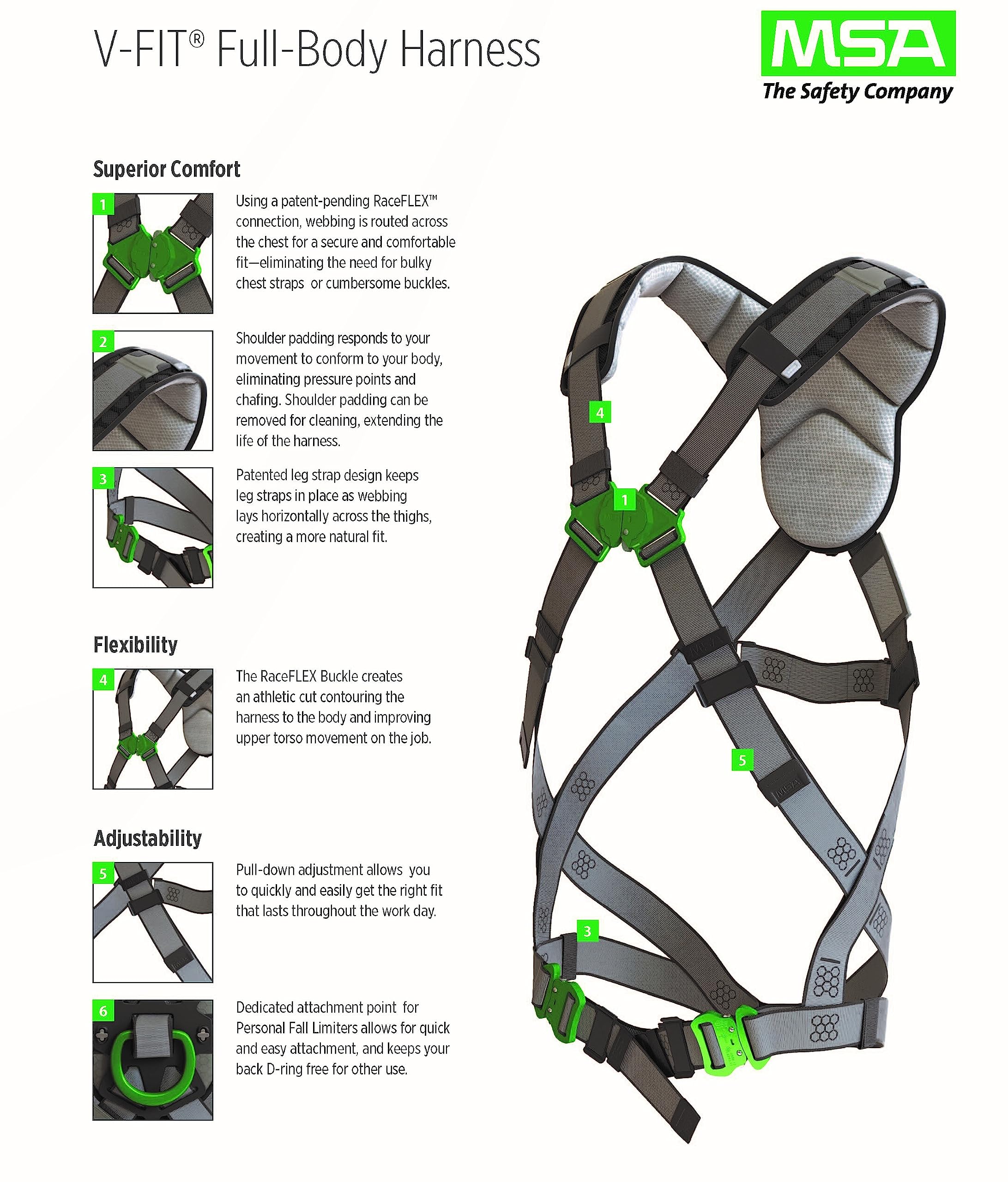 MSA 10195205 V-FIT Derrick Construction Harness - Size: Standard (Medium), D-Ring Configuration: Back Chest Hip, Tongue Buckle Leg Straps, With Shoulder Lumbar Padding, Full Body Harness