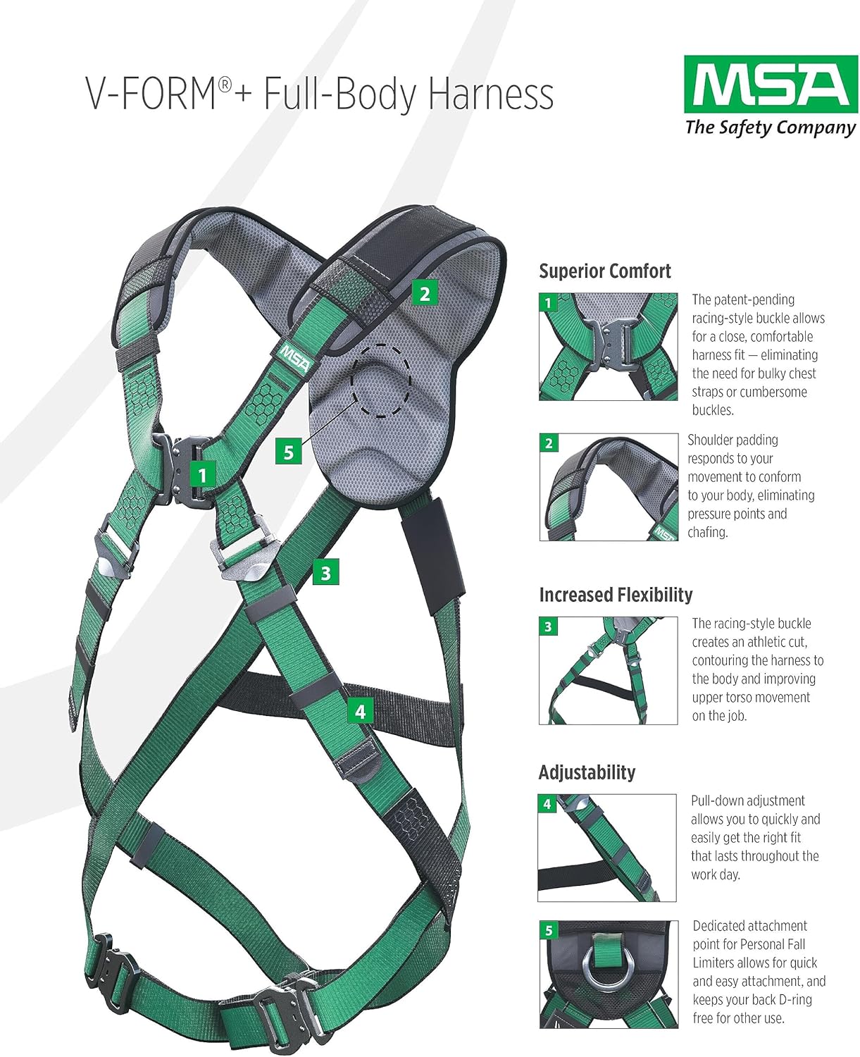 MSA 10206162 V-Form+ Construction Harness - Extra Large, Back/Hip D-Ring, Tongue Buckle Straps, Shoulder Padding, Full Body Harness